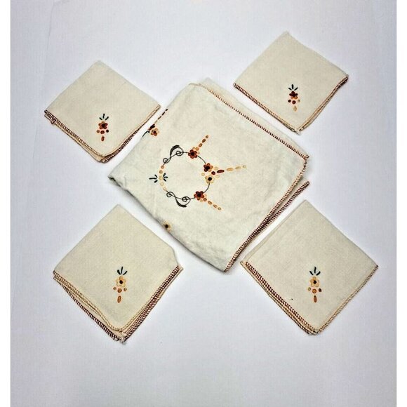 Vintage Hand Made Embroidered Linen Tablecloth and 4 Napkins Orange Floral - Picture 1 of 10